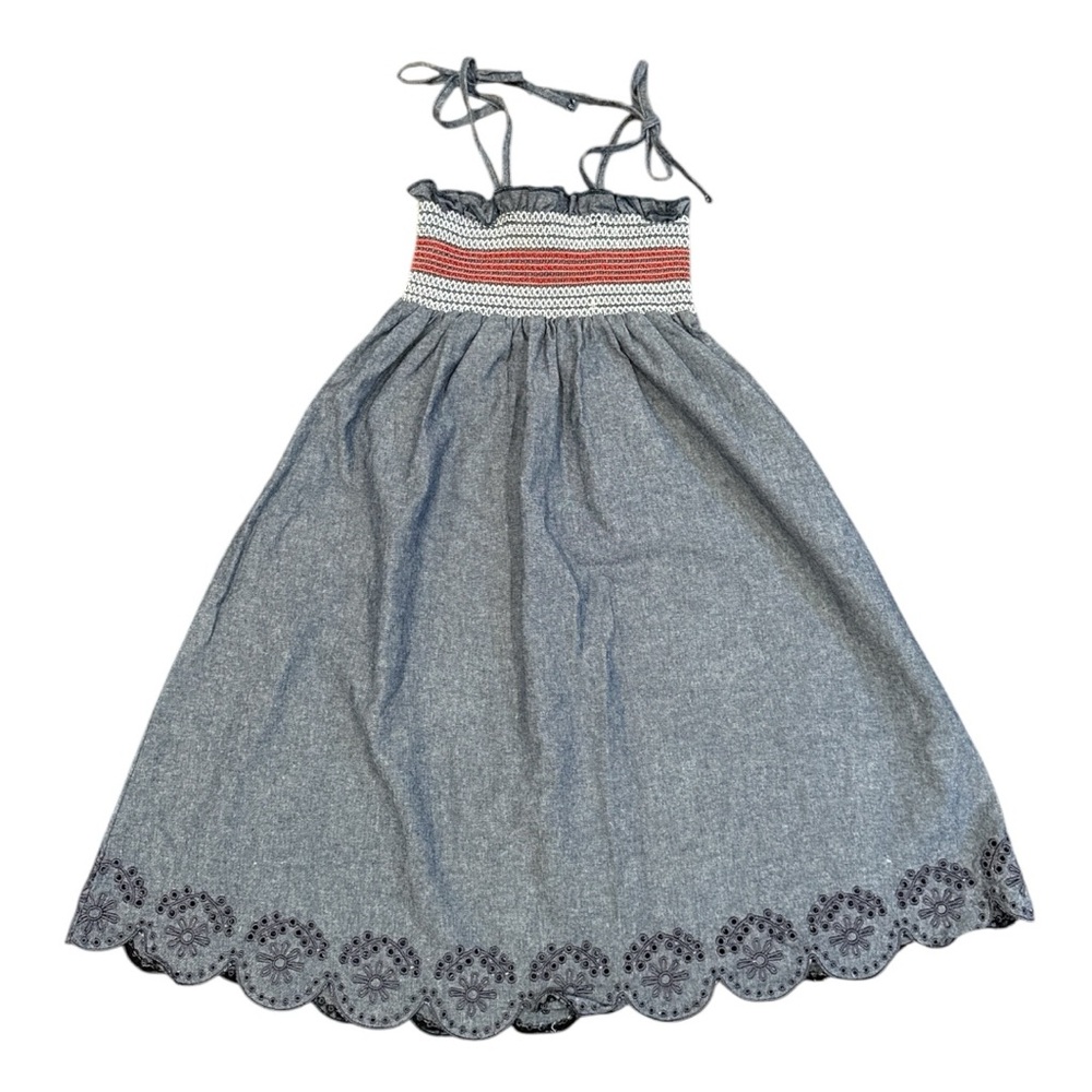 M&Co Girls Blue Smocked Sundress Size 7, 100% Cotton, Embroidered Hem